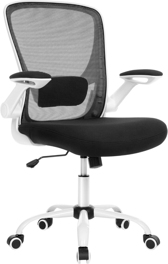 SONGMICS Ergonomic Canvas Office Chair, Armchair, Padded Lumbar Support, Rocker Mechanism, 53 cm Wide Seat, Folding Armrests, Black and White OBN37WT