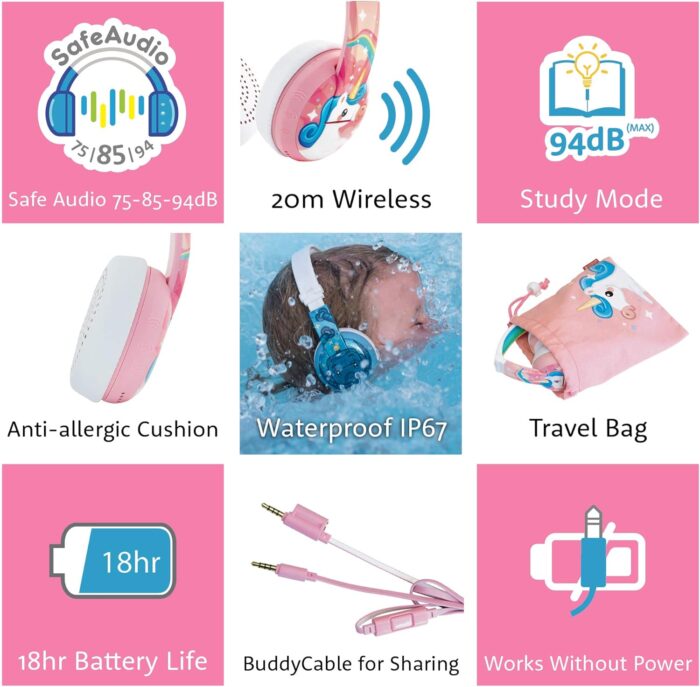 ONANOFF BuddyPhones Wave Waterproof Wireless Bluetooth headphones for Kids, Pink - Image 6