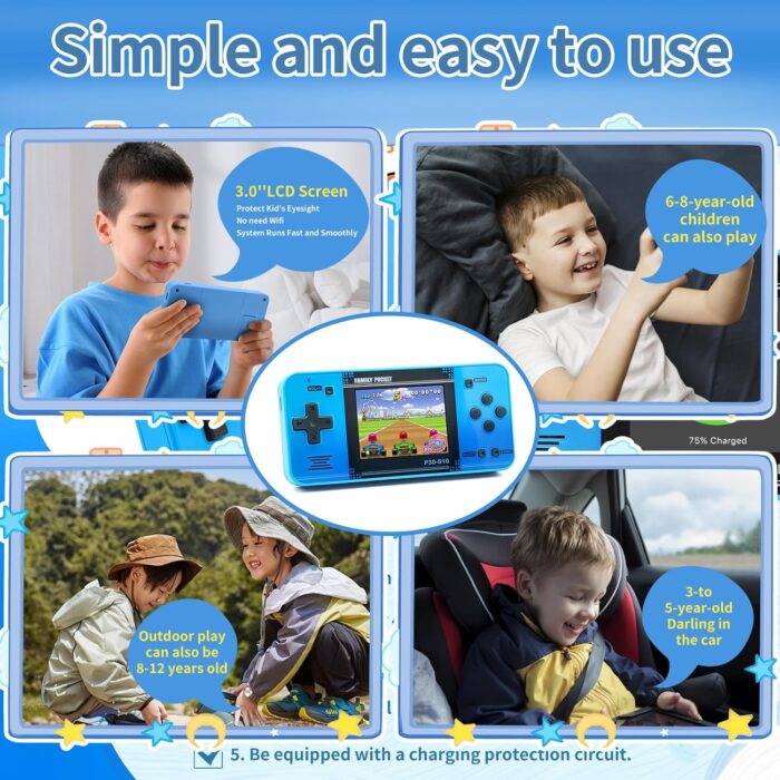 WELLST·G Handheld Game for Kids -Preloaded 220 Retro Video Games, Portable Gaming Player with Rechargeable Battery 3.0" LCD Screen, Mini Arcade Electronic Toy Gifts for Boys Girls (Blue) - Image 5