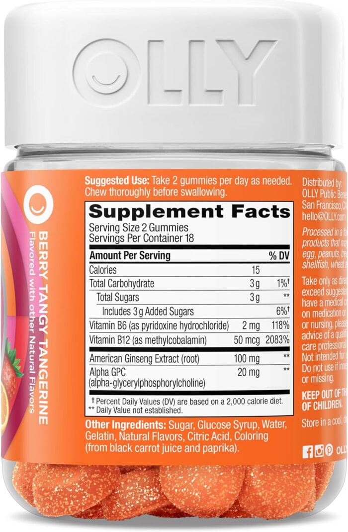 OLLY Laser Focus Gummy, Ginseng, Alpha GPC, B Vitamins, Berry Tangerine Flavor - 36 Count - Image 6