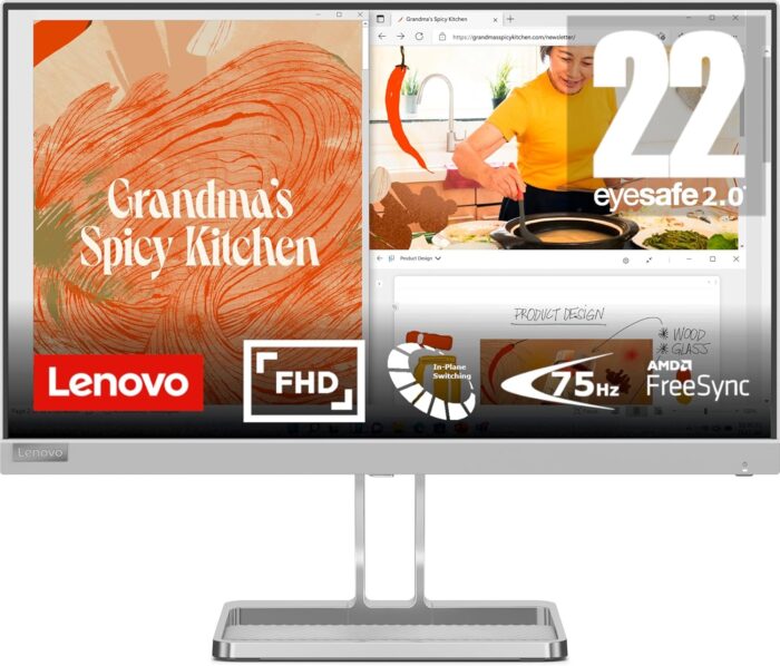 Lenovo L22i-40 22 inch IPS Panel FullHD 75Hz Gaming Monitor With HDMI, VGA, AMD FreeSync, Speakers,Tilt Stand – Cloud Grey