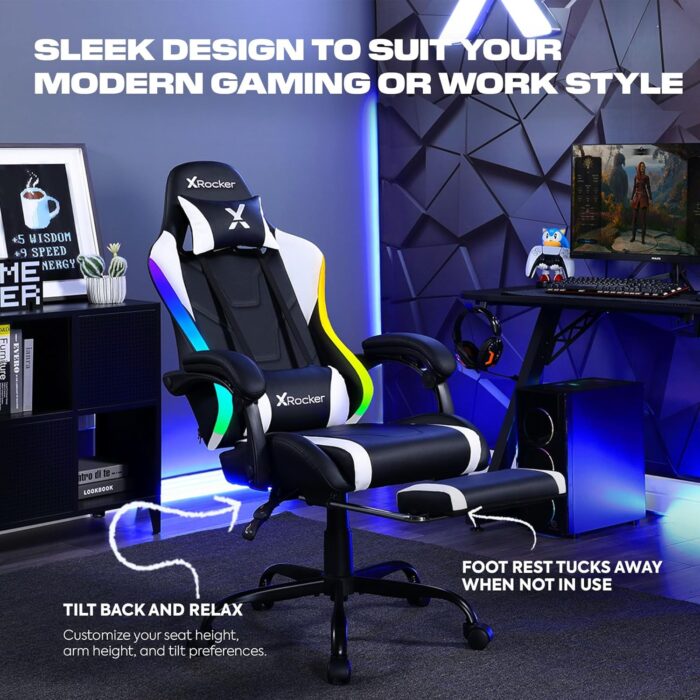 X Rocker Achiever PC Video Gaming Chair, RGB LED Lighting, Adjustable Ergonomic Office Desk Chair for Computer Gamers with Wheels, Black & White - Image 5
