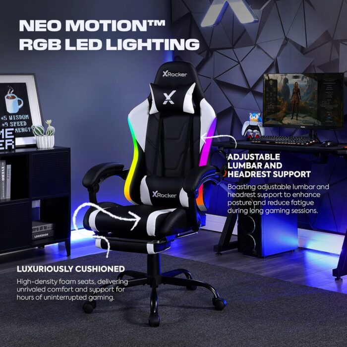 X Rocker Achiever PC Video Gaming Chair, RGB LED Lighting, Adjustable Ergonomic Office Desk Chair for Computer Gamers with Wheels, Black & White - Image 4