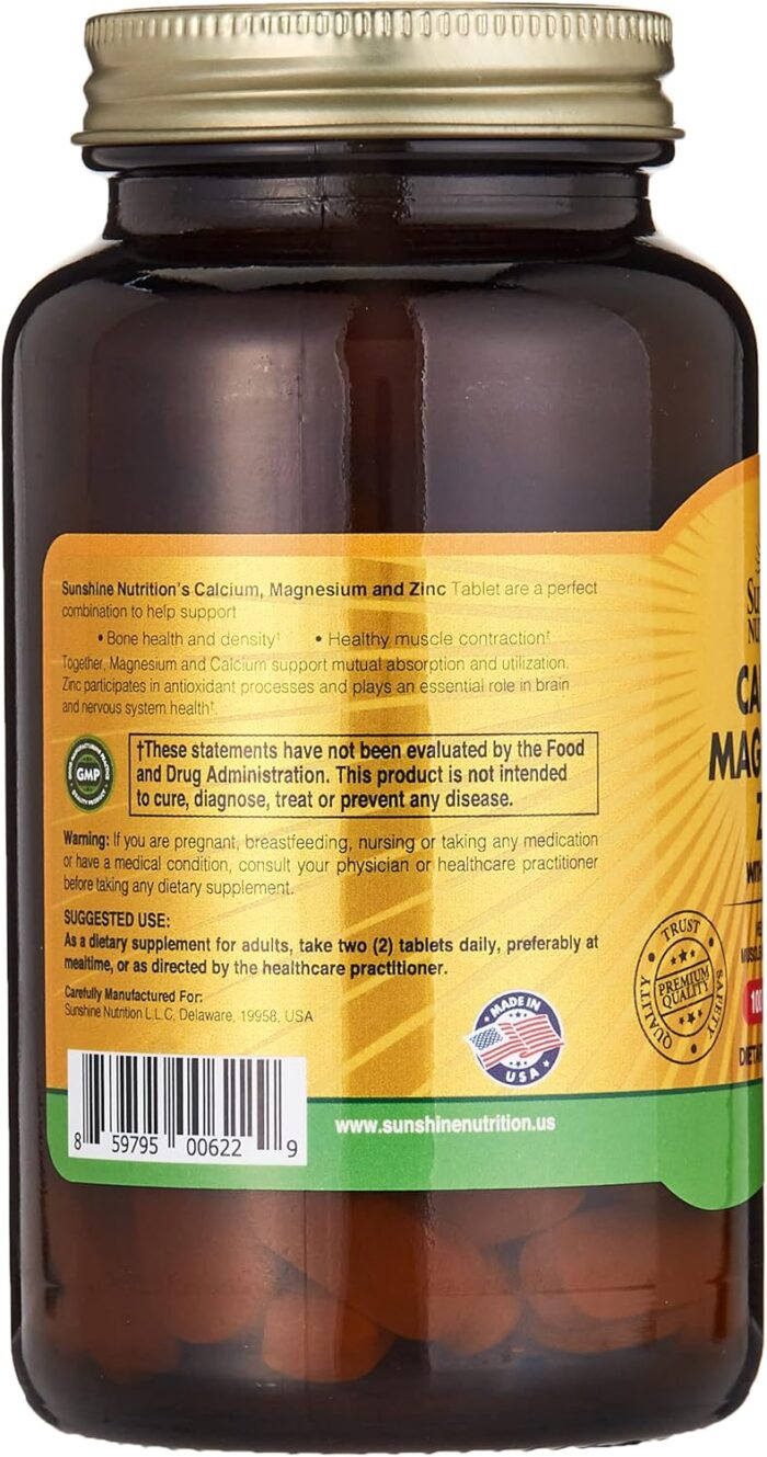 Sunshine Nutrition Calcium Magnesium Zinc With Vitamin D, 100 Tablets | Helps Promote Muscle & Bone Health | Gluten Free - Image 4