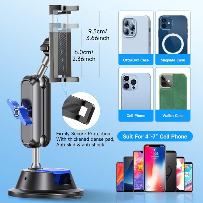 Car Photography Phone Holder Phone Mount, Suction Cup Car Phone Holder, Universal 360° Rotation Anti-Shake Metal Car Phone Holder for Video Recording & Navigation, Applicable for iPhone Samsung, Black - Image 7