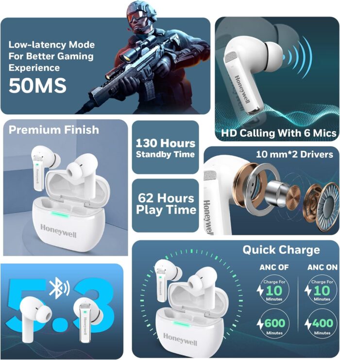 Honeywell Newly Launched Trueno U5100, in-Ear Wireless Hybrid ANC TWS Earbuds, with 33 dB ANC, Low Latency Mode, 6 mics, Bluetooth V5.2, 62 Hours of Playtime, 2 Years Manufaturer Warranty - Image 6