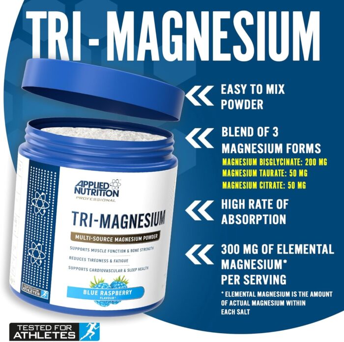 Applied Nutrition Tri-Magnesium Powder 3 in 1 - Magnesium Glycinate Supplements for Bone, Muscle, Nervous System Sleep Health - 300 mg per Serving (200g - 50 Servings) (Blue Raspberry) - Image 2