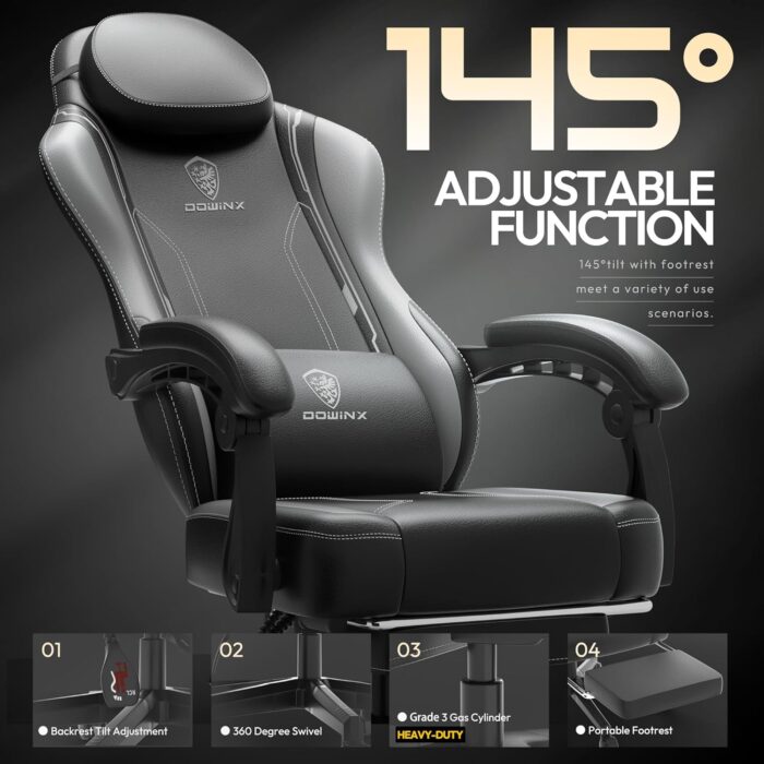 Dowinx Gaming Chair with Pocket Spring Cushion, Ergonomic Game Chair with Footrest and Massage Lumbar Support for Adults, High Back Leather Computer Chair for Office Gaming 300LBS, Grey - Image 7