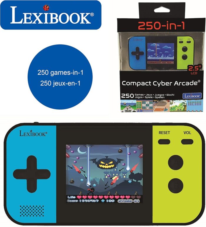 Lexibook – Compact Cyber Arcade Portable Console, 250, Child and Teen Video Games, LCD Display, Battery, Black/Blue/Green, JL2377
