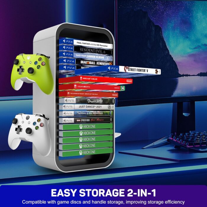 BGGCHEECA OYO-1【15.8INCH】 game Storage Tower Compatible with PS5/ Xbox Series S & X/ Switch, Universal Video Games Discs Organizers 18 PCS with 4 Controllers Holder, Game Disk Box Stand.(White/Black) - Image 6