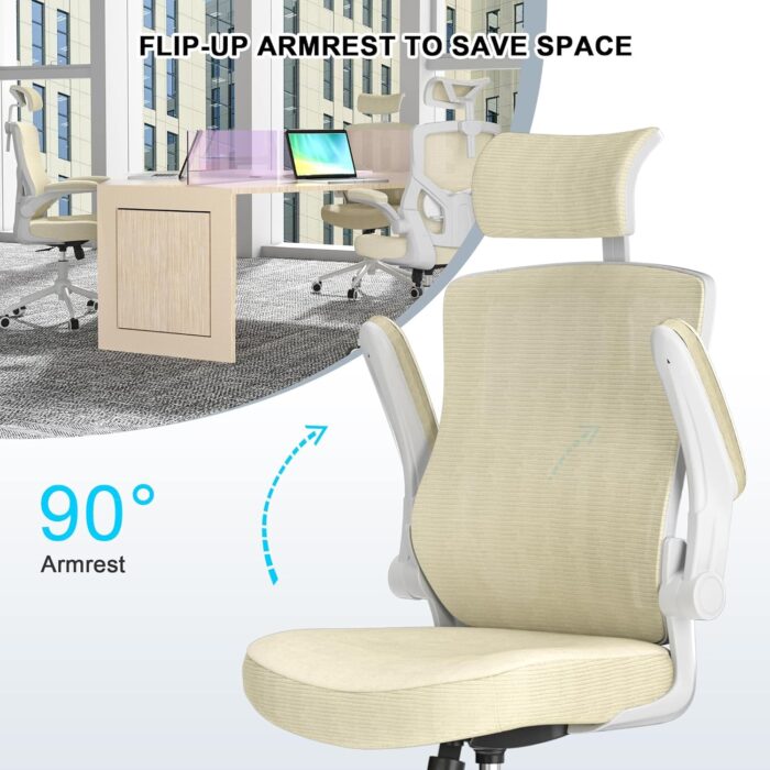 CYKOV 𝑯𝑶𝑴𝑬 𝑶𝑭𝑭𝑰𝑪𝑬 𝑪𝑯𝑨𝑰𝑹, Ergonomic Mesh Desk Chair, High Back Computer Chair- Adjustable Headrest with Flip-Up Arms, Lumbar Support, Swivel Executive Task Chair (Modern, Beige) - Image 3
