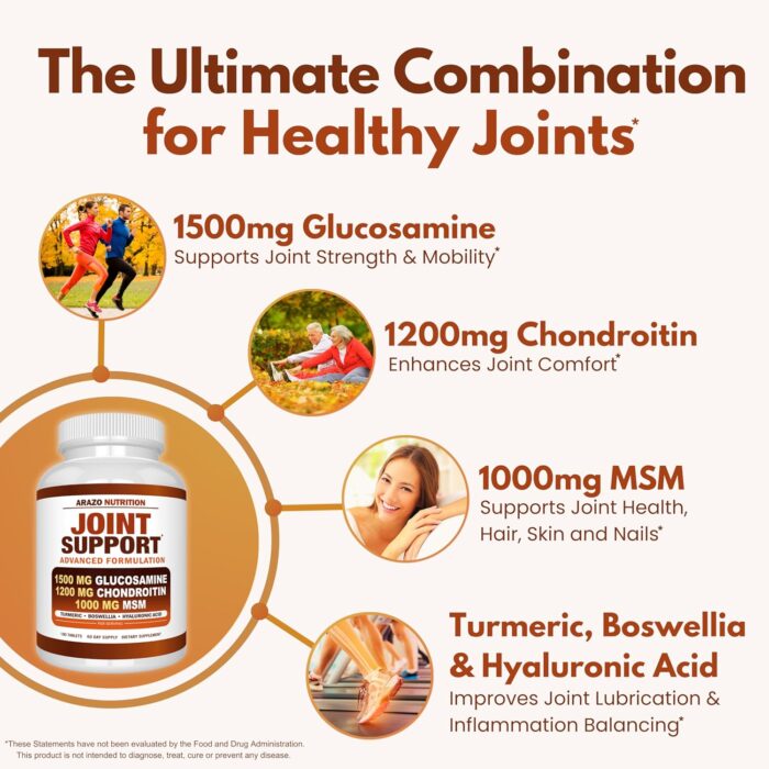 Arazo Nutrition Glucosamine Chondroitin Turmeric Msm Boswellia Joint Support Supplement for Relief (10oz,180 Tablets) - Image 3