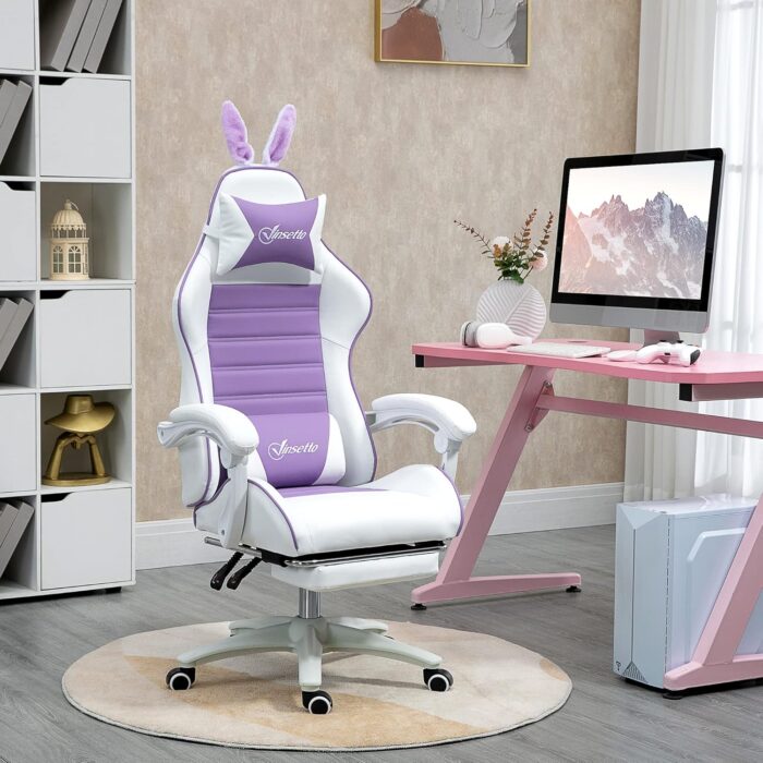 Vinsetto Racing Gaming Chair, Reclining PU Leather Computer Chair with Removable Rabbit Ears, Footrest, Headrest and Lumber Support, Purple - Image 2