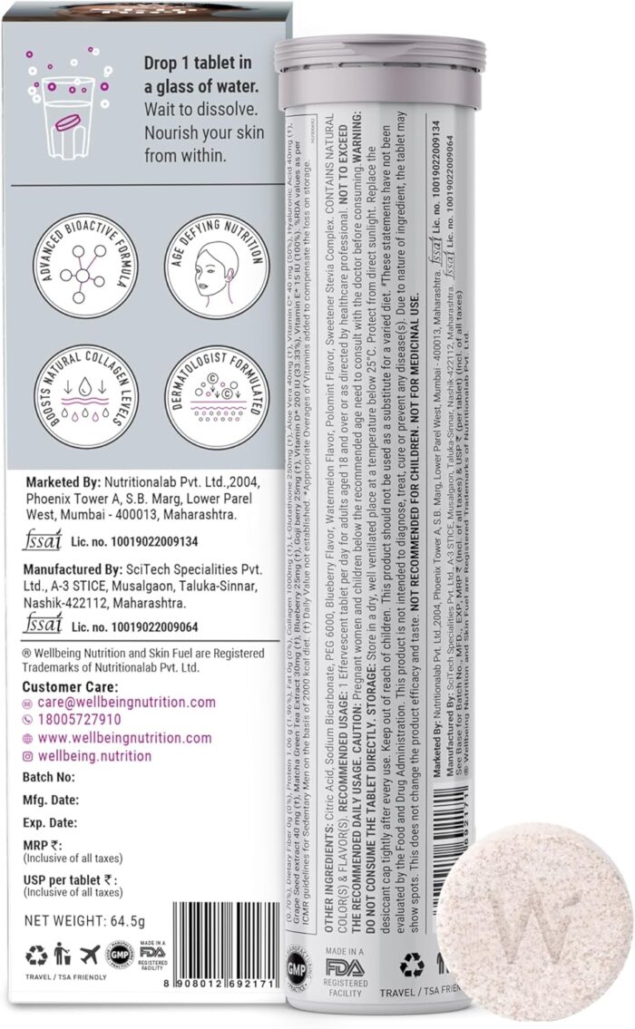 Wellbeing Nutrition Skin Fuel | Collagen Builder, L-Glutathione, Hyaluronic Acid, Matcha Green Tea, Aloe Vera, Grape Seed, Vit E | Skin Radiance, Elasticity, Glow for Men & Women -30 Effervescent Tabs - Image 8