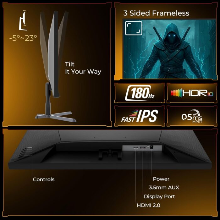 AOC 24G11E 24" Fast IPS Gaming Monitor, FHD 1920×1080 Display, 180Hz, 0.5ms(MPRT), HDR10, HDMI 2.0 x 1, DisplayPort 1.4 x 1, Adaptive Sync, 16.7 Million Display Colors. - Image 4