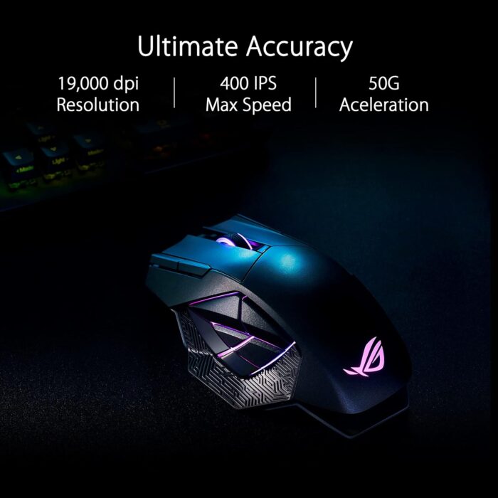 ASUS ROG Spatha X Wireless Gaming Mouse, 2.4 GHz / Wired USB, 19,000 DPI Optical Sensor, 12 Programmable Buttons, RGB, Swappable Switch Design, Micro Switches, Magnetic Charging Stand, Black - Image 2