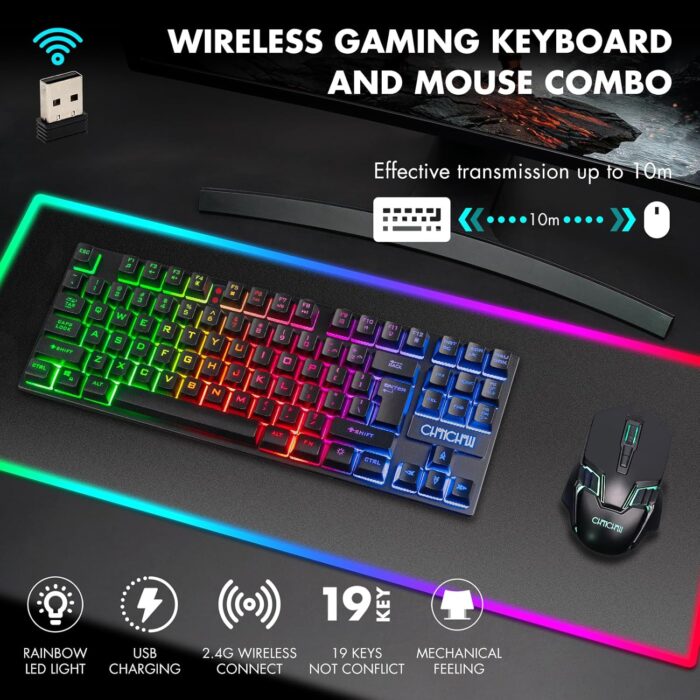 CHONCHOW Wireless Gaming Keyboard and Mouse Combo, Rechargeable 87 Key LED Light Up Keyboard Ergonomic Cordless Gaming Mouse combo Backlit Wireless set for Xbox PS4 PS4 PC Laptop (local, black set) - Image 5