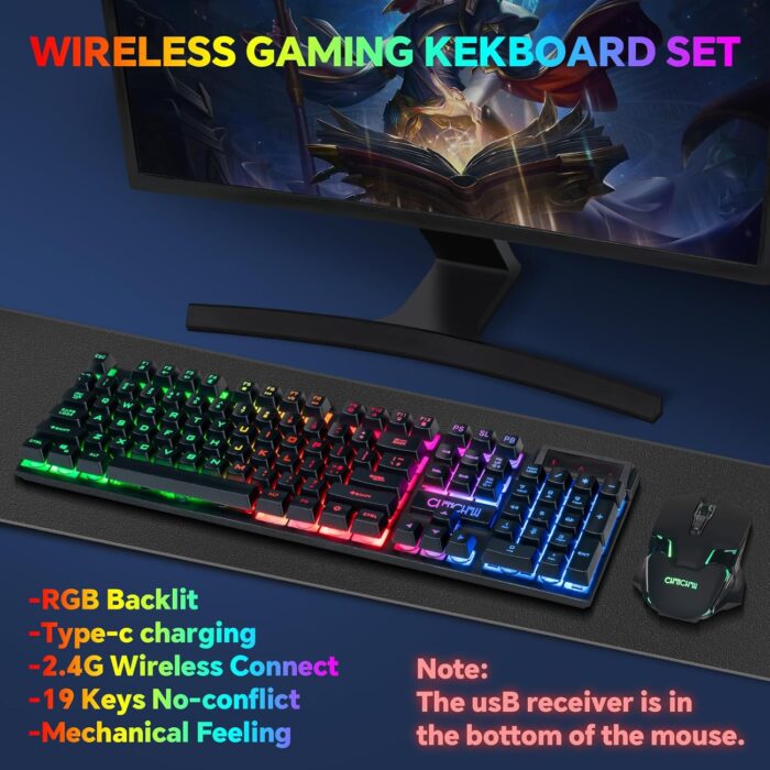 CHONCHOW USB Wireless Gaming Keyboard and Mouse Combo LED Backlit Ergonomic Mechanical Feeling Key 19 Keys Anti-ghost Rechargeable 2500mAh Battery,7D 3600DPI Mice for PC Gamer - Image 2