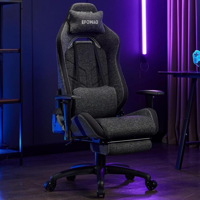 Efomao Ergonomic Gaming Chair with Footrest, Dark Grey Technical Fabric Computer Chair, Adjustable Height Office Seat with Headrest, Lumbar Support, 360° Swivel Video Gaming - Image 2