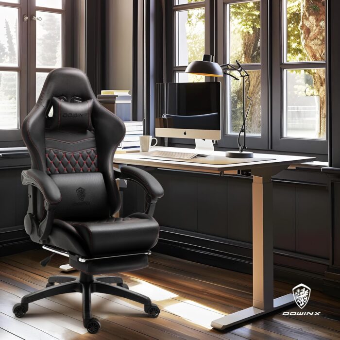 Dowinx Gaming Chair Office Chair PC Chair with Massage Lumbar Support, Racing Style PU Leather High Back Adjustable Swivel Task Chair with Footrest (Black) - Image 7