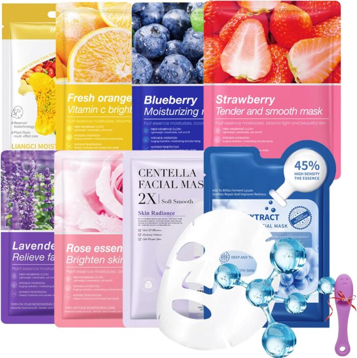 MMOOUP Collagen Essence Sheet Facial Masks, Pack of 8 Hydrating Facial Sheet Mask, Moisturizing Anti-Aging Facial Mask Packs for Daily Skin Care Spa