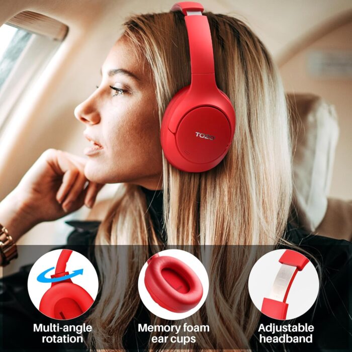 TOZO HT2 Hybrid Active Noise Cancelling Headphones, Wireless Over Ear Bluetooth Headphones, 60H Playtime, Hi-Res Audio Custom EQ via App Deep Bass Comfort Fit Ear Cups, for Home Office Travel Red - Image 8
