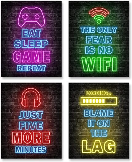 Simimi art Printed Neon Gaming Posters Set of 4 (8â€ X 10â€), Boys Room Decorations for Bedroom,Video Game Wall Art,Gamer, Teen boy bedroom, game room, No Frames