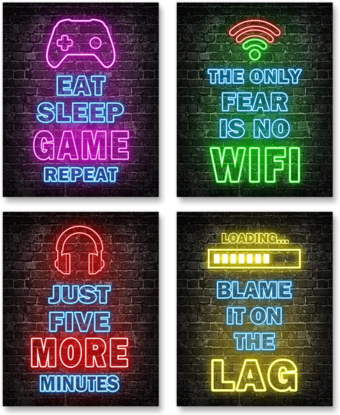 Simimi art Printed Neon Gaming Posters Set of 4 (8â€ X 10â€), Boys Room Decorations for Bedroom,Video Game Wall Art,Gamer, Teen boy bedroom, game room, No Frames