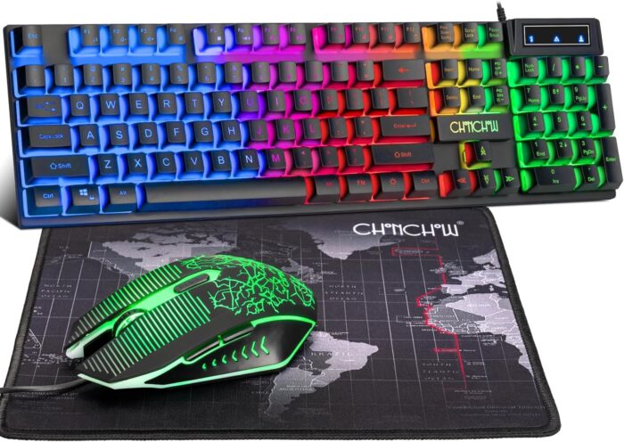 Keyboard and Mouse Gaming LED Wired Combo with 3600DPI 2 Side Button USB Mouse Rainbow Backlit Mechanical Feeling Button Compatible with PC Raspberry Pi Mac Xbox one ps4 (Black,local)