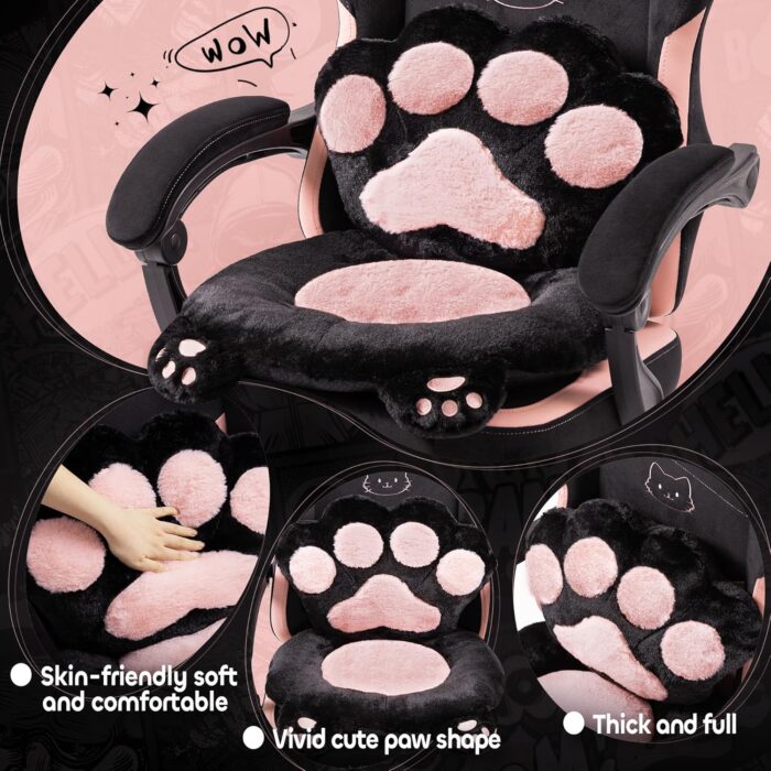 Pink Gaming Chair Cute with Cat Ears Paw Lumbar and Cushion,Ergonomic Computer Chair with Footrest,Reclining PC Game Chair for Girl Computer Chair 300lbs for Adult - Image 3