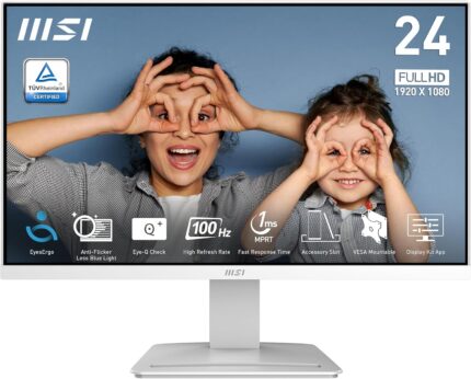 MSI Pro MP2412W 24″ VA 1920 x 1080 (FHD) Computer Monitor, 100Hz, Free-Synch, HDMI, DisplayPort, VESA Mountable, Tilt, 1ms, White