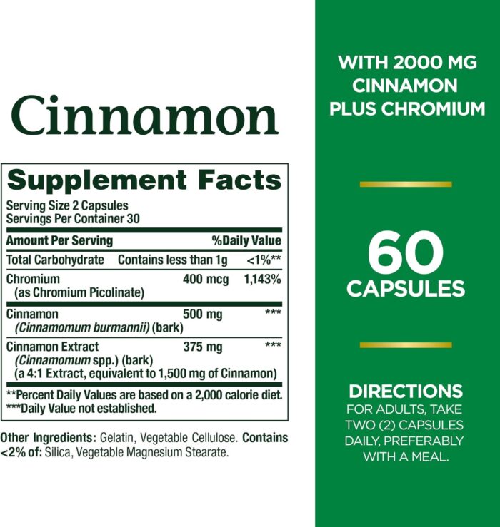 Nature's Bounty Cinnamon 2000mg Plus Chromium, Sugar Metabolism Support Supplement, 60 Capsules - Image 2