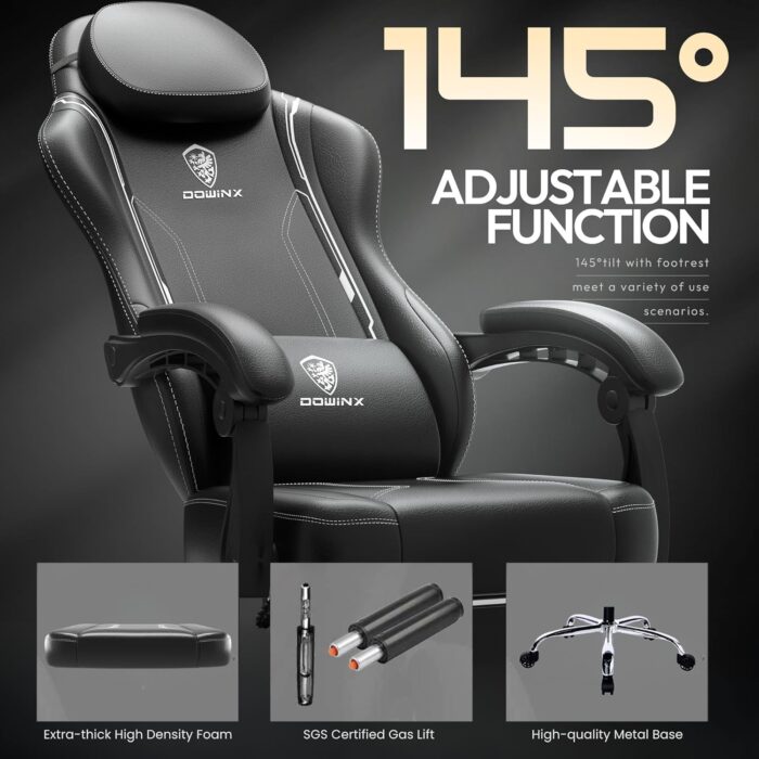 Dowinx Multi-Functional Gaming Chair, Ergonomic High Back Reclining & Height Adjustable PU Leather Computer Chairs with Massage Cushion, Neck & Lumbar Support, Footrest (Black) - Image 7