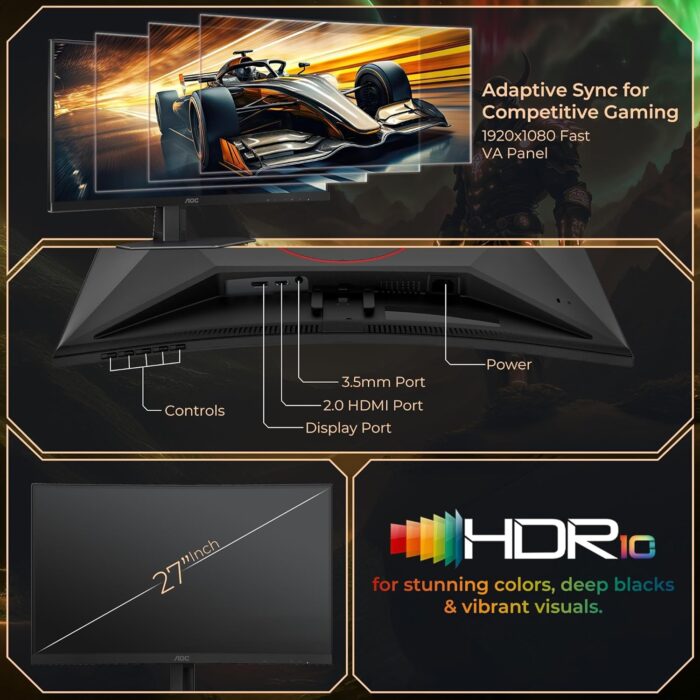 AOC C27G4ZE 27" 280Hz Curved Ultra-Fast Gaming Monitor, 1920 × 1080 (FHD), 0.3ms, Fast VA, 1500R, Adaptive Sync, Three-sided frameless design, Black - Image 5