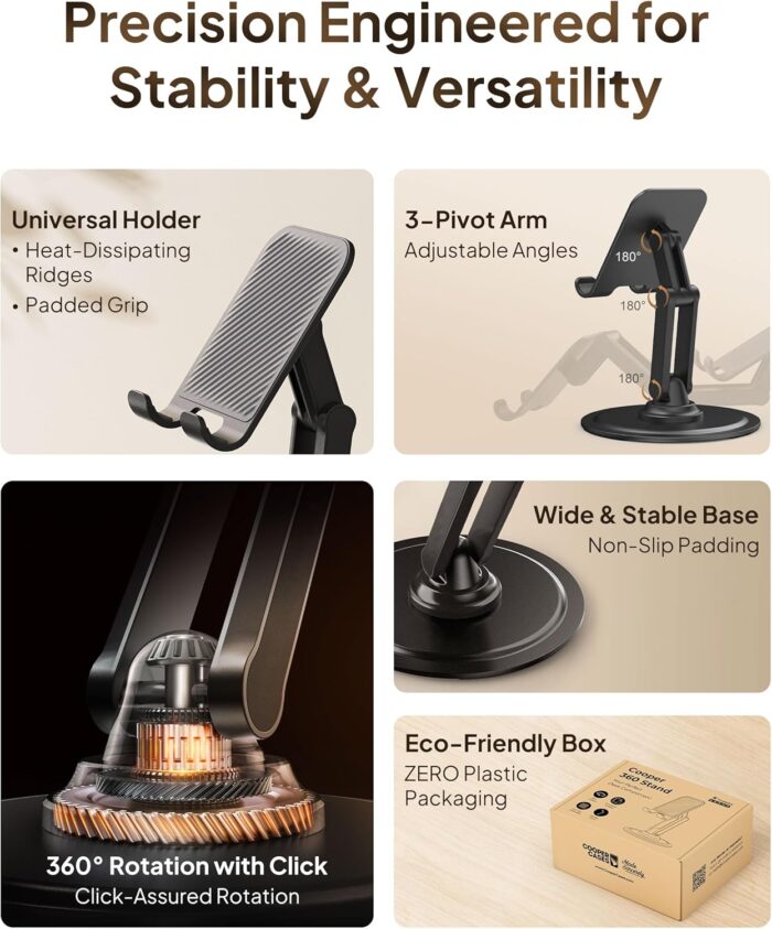 Cooper 360 Stand - Adjustable Cell Phone Stand for Desk | 360 Click-Rotating, Multi-Angle, Non-Slip Metal Base, Foldable & Portable | iPhone Stand for Desk, Cell Phone Stand Holder (Piano Black) - Image 3