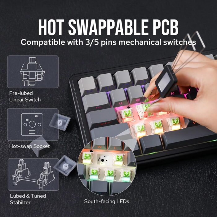 EPOMAKER x Aula F65 65% Wireless Mechanical Keyboard, Hot Swappable Gasket Custom Gaming Keyboard with Five-Layer Padding, RGB Backlit, Bluetooth/2.4GHz/USB-C (Black, Graywood V3 Switch) - Image 6