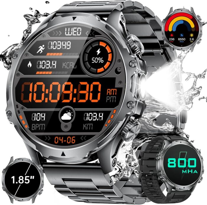 HIRREO Military Smart Watch for Men, 1.85” HD Large Screen Smartwatch, Flashlight/IP68 Waterproof/800mAh/Pedometer/100+ Sports Fitness Tracker, Mens Smart Watches for Android iPhone Compatible