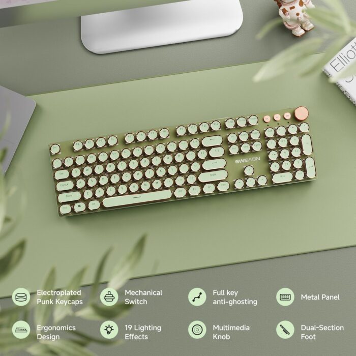 SEUNKWANG EWEADN Typewriter Style Mechanical Gaming Keyboard,104 Keys Backlit LED Keyboard, Media Control Knob, Wired Computer Keyboard Pink Switch for Windows/Mac/PC-Green - Image 2