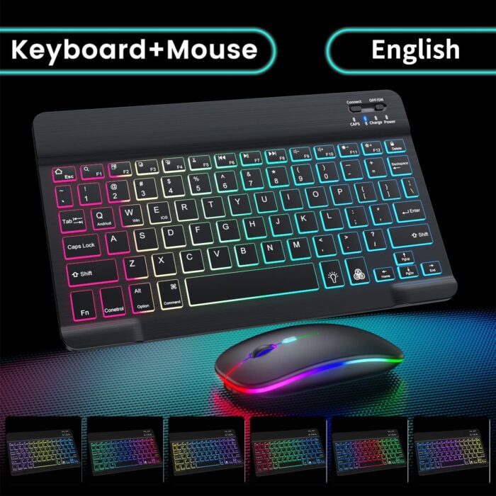 Ultra-slim Bluetooth Keyboard and Mouse Combo for iPad, Rechargeable Wireless Keyboard & Mouse with 7-Color Backlit, Compatible with iPad 9th/8th Gen, iPad Pro/Air/Mini, iPhone14/13/12 Pro (Black) - Image 3