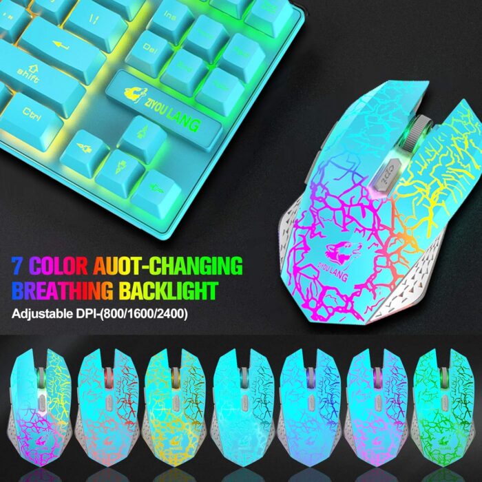 Wireless Gaming Keyboard and Mouse Combo with 87 Key Rainbow LED Backlight Rechargeable 3800mAh Battery Mechanical Feel Anti-ghosting Ergonomic Waterproof RGB Mute Mice for Computer PC Gamer (Blue) - Image 6