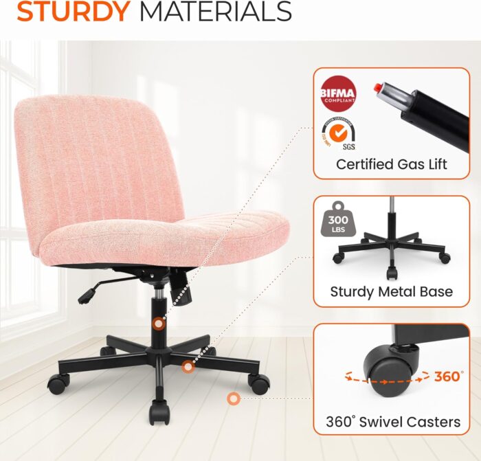 Orange Factory Criss Cross Legged Armless Desk Reading Chair with Wheels Swivel Modern Ergonomic Vanity Bedroom Adjustable Wide Comfy Computer Gaming Chairs for Home Office (Pink) - Image 7