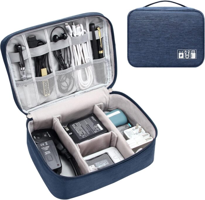 Electronics Organizer Bag, Waterproof Portable Travel Case for Cables Chargers Accessories, Multi-Purpose Digital Storage Pouch, Large Capacity, Navy, 1PCS