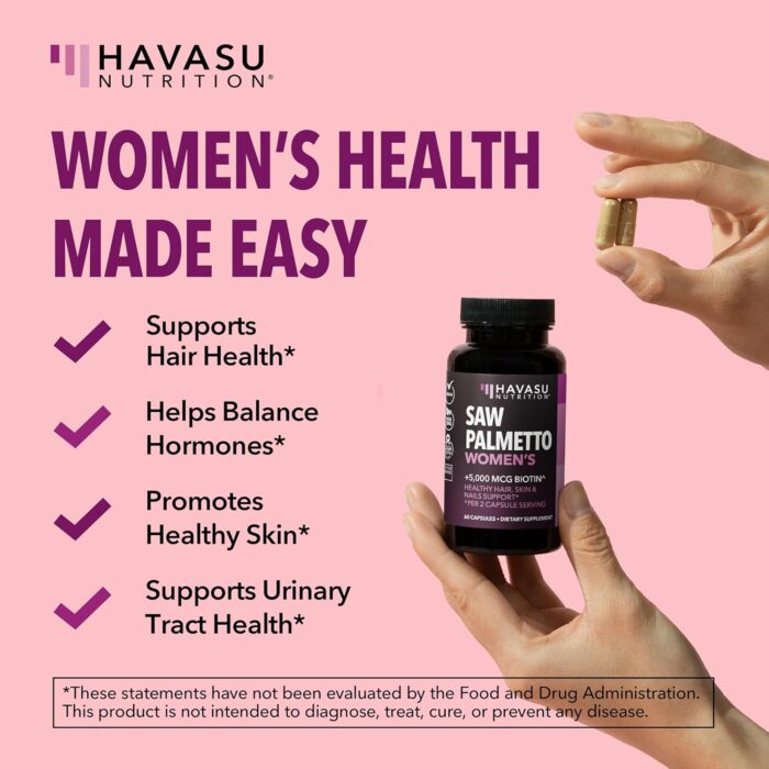 HAVASU NUTRITION Saw Palmetto + Biotin Supplement | DHT Blocker Hair Health Vitamins Capsule| Women with PCOS or Post-Partum Hair Loss | 60 Vegan Biotin Vitamins to Help Support Hair Health - Image 3
