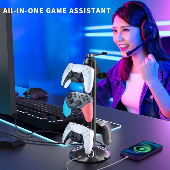RGB Headphone Controller Stand with HUB, 9 Light Modes Gaming Headset Holder for Desk, Controller Headphone Holder with USB*2+Type-C+3.5mm - Charging & Data for Gaming Setup Gamer Accessories(Black) - Image 6