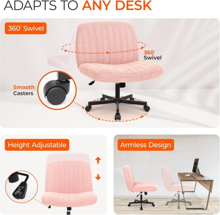 Orange Factory Criss Cross Legged Armless Desk Reading Chair with Wheels Swivel Modern Ergonomic Vanity Bedroom Adjustable Wide Comfy Computer Gaming Chairs for Home Office (Pink) - Image 6