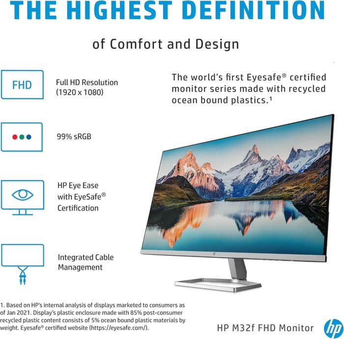 HP M32f Ultraslim Monitor 31.5 Inch, Full HD 1080p, 7ms Response Time, 2x HDMI, 1x VGA, Anti Glare, Blue Light Filter, Flicker Free, HP Eye Ease with Eye Safe Certification, Silver and Black - Image 3
