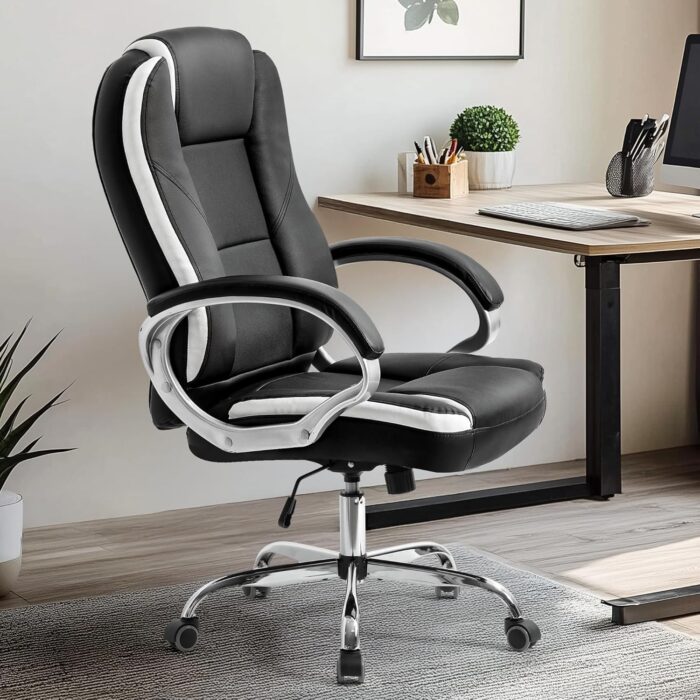 NEO CHAIR Office Desk Ergonomic Gaming Chair High Back Adjustable Computer Chair with Wheels and Lumbar Support Comfy Leather Executive Swivel (Black) - Image 2