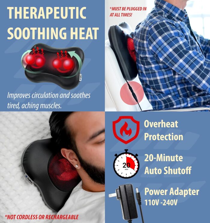 Zyllion Shiatsu Back and Neck Massager - 3D Kneading Deep Tissue Massage Pillow with Heat for Muscle Pain Relief, Chairs and Cars - Black (ZMA-13-BK) - Image 4