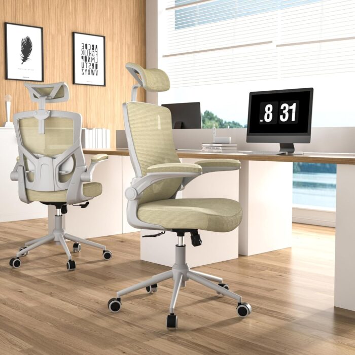CYKOV 𝑯𝑶𝑴𝑬 𝑶𝑭𝑭𝑰𝑪𝑬 𝑪𝑯𝑨𝑰𝑹, Ergonomic Mesh Desk Chair, High Back Computer Chair- Adjustable Headrest with Flip-Up Arms, Lumbar Support, Swivel Executive Task Chair (Modern, Beige) - Image 8