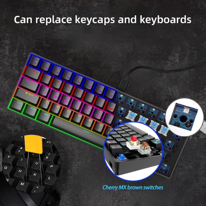 infino Wireless Bluetooth Tri-Mode (2.4G/Bluetooth/USB-C) Mechanical Keyboard, Multi-Platform Support (Windows/Mac/Linux/Tablet), Rechargeable 61-Key RGB Backlit Brown Switch Gaming Keyboard - Image 7